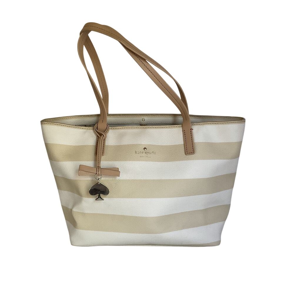 Kate Spade New York Striped Tote Bag Cream Beige Spade Charm Bow Shopper